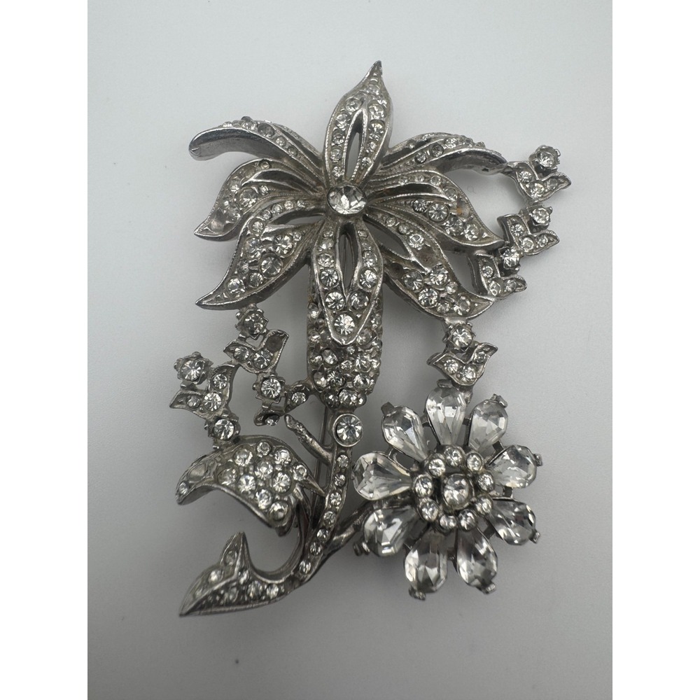 Vintage Rhinestone Brooch Floral Spray Statement Pin Flower READ